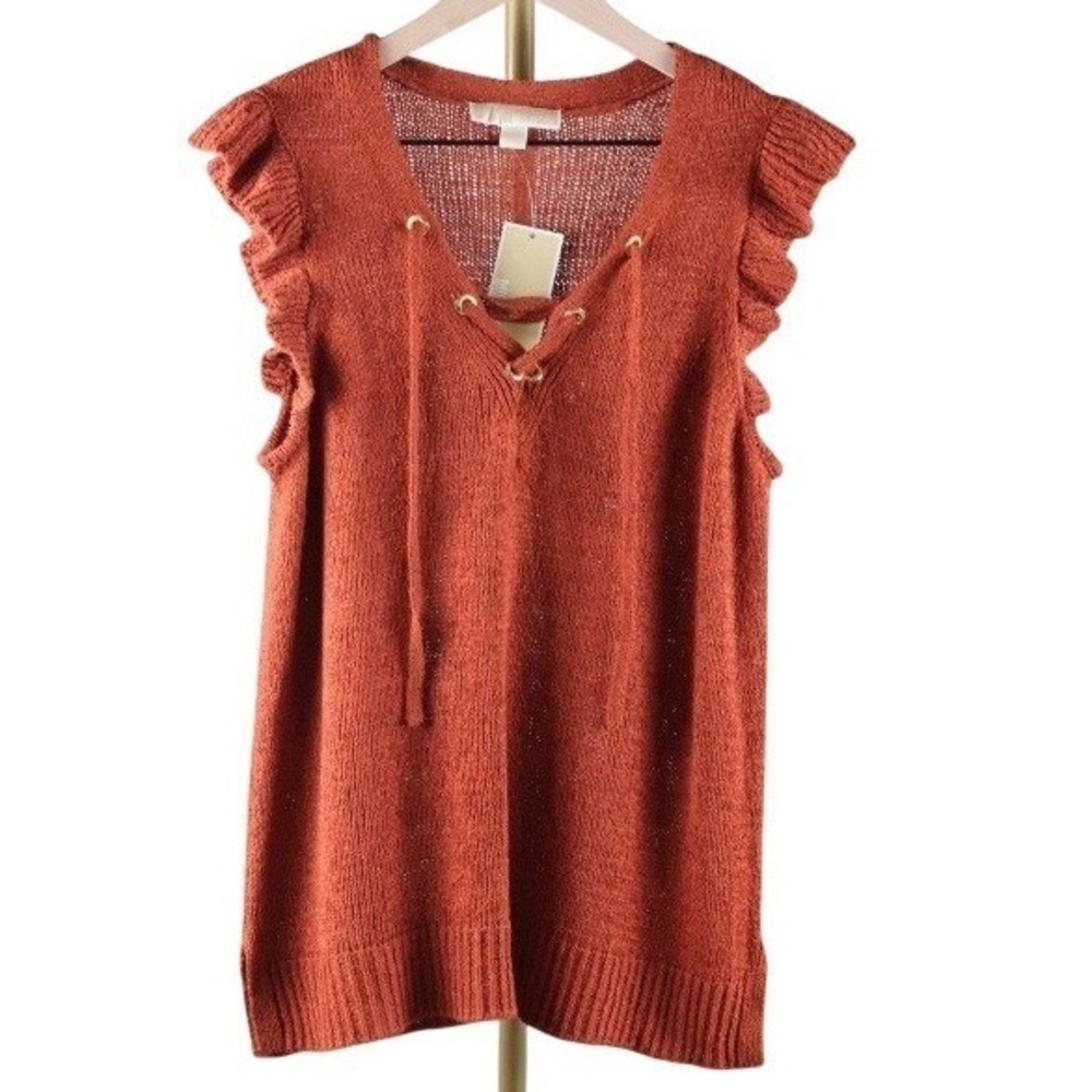 Michael Michael Kors Burnt Umber Lace Up Ruffle Knit Top Sleeveless Sweater L